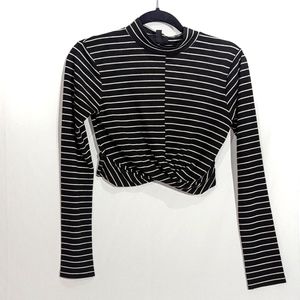 Topshop Black & White Striped Cropped Mock Neck Long Sleeve Top